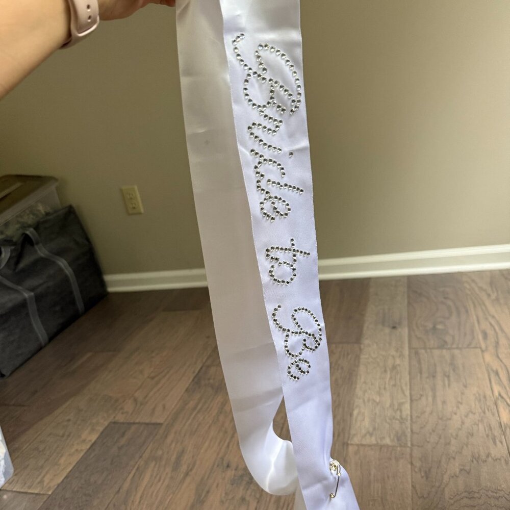 White Satin Bride Sash with Rhinestone Lettering